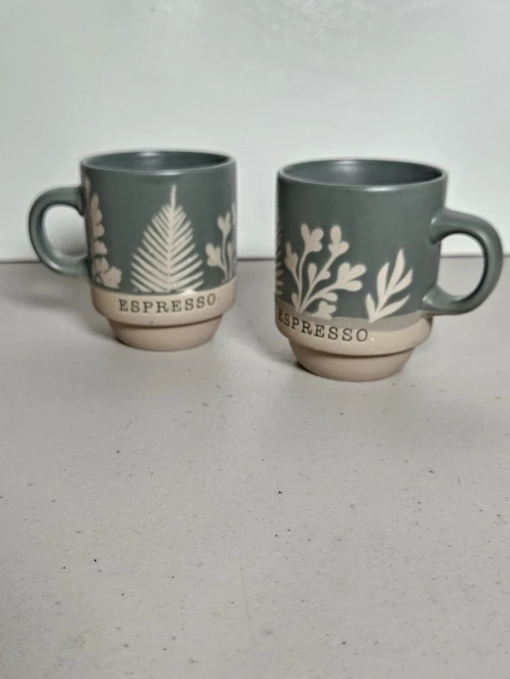 Set Of 2 Sage Green Botanical Ceramic Espresso Cups Handles Casual Kitchen 3